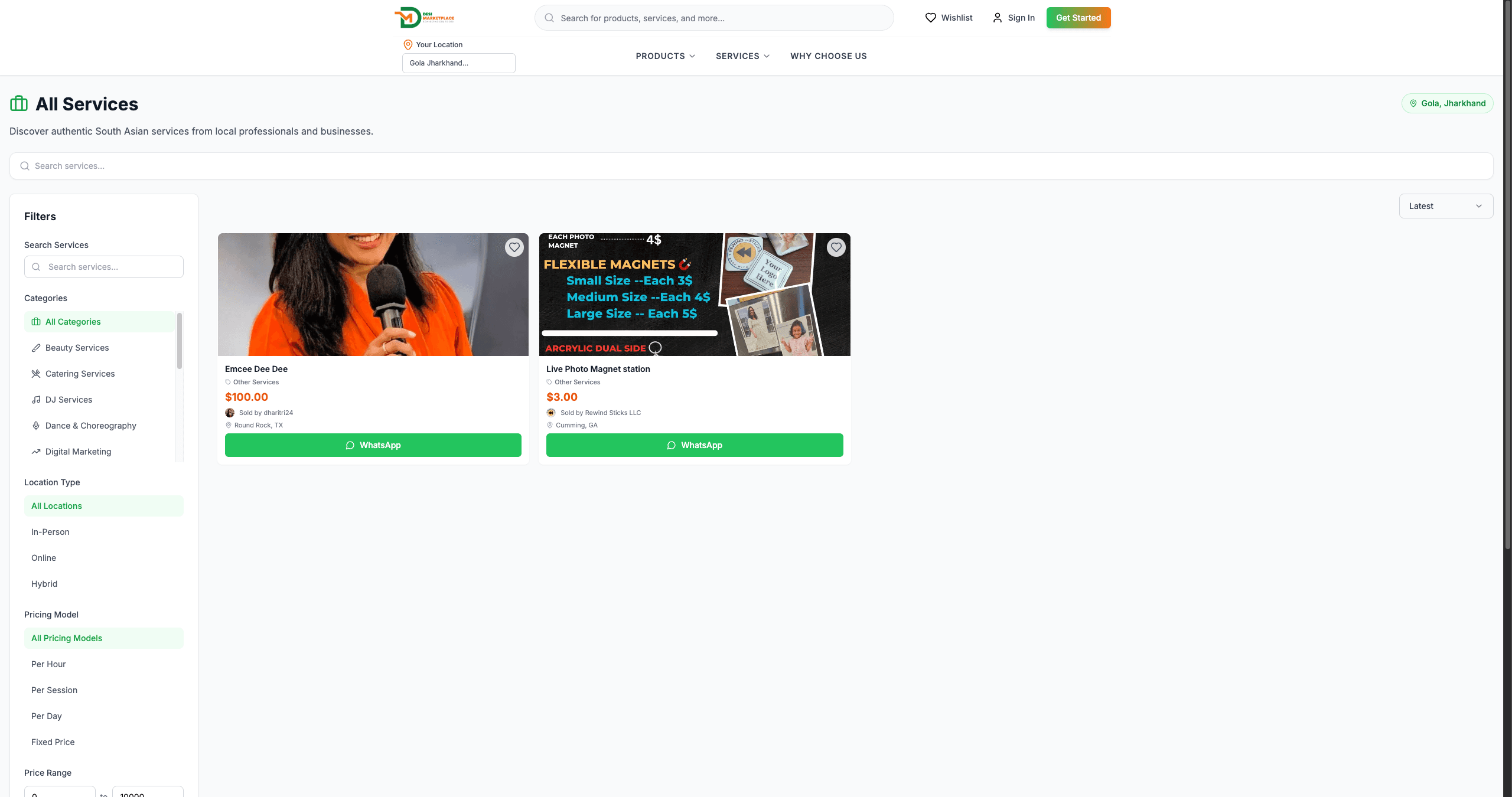 All services filtered by location type and pricing model