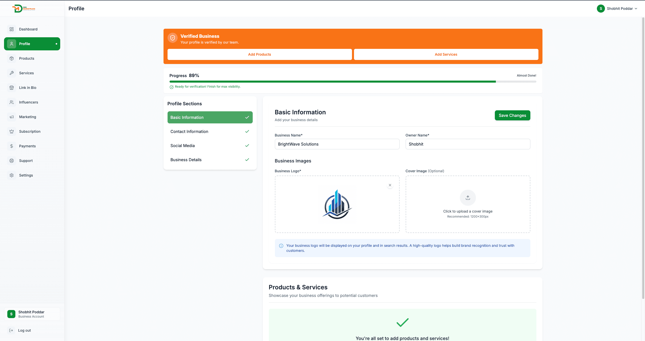 Business profile with verification progress