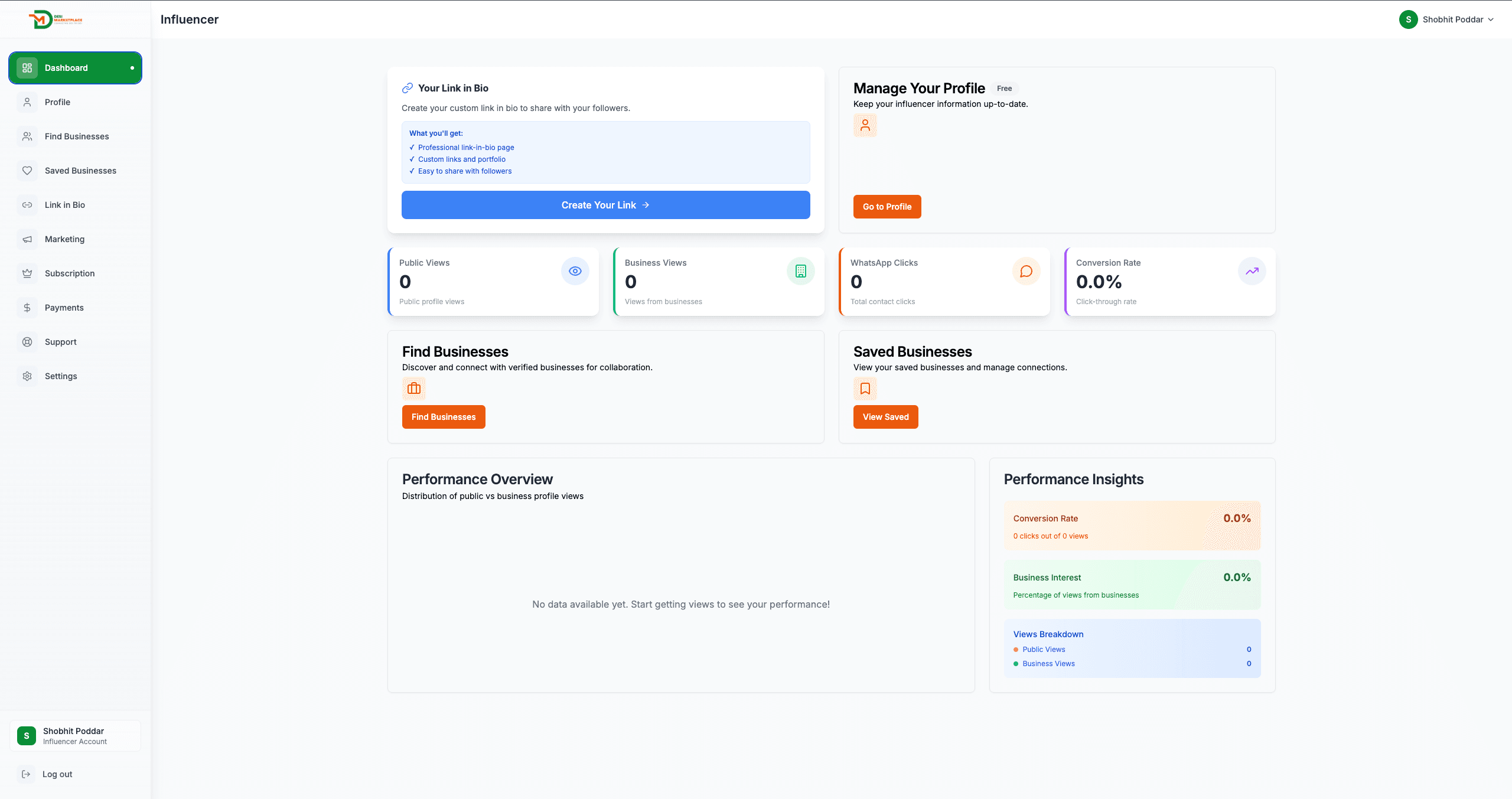 Influencer dashboard: link in bio, views and WhatsApp clicks