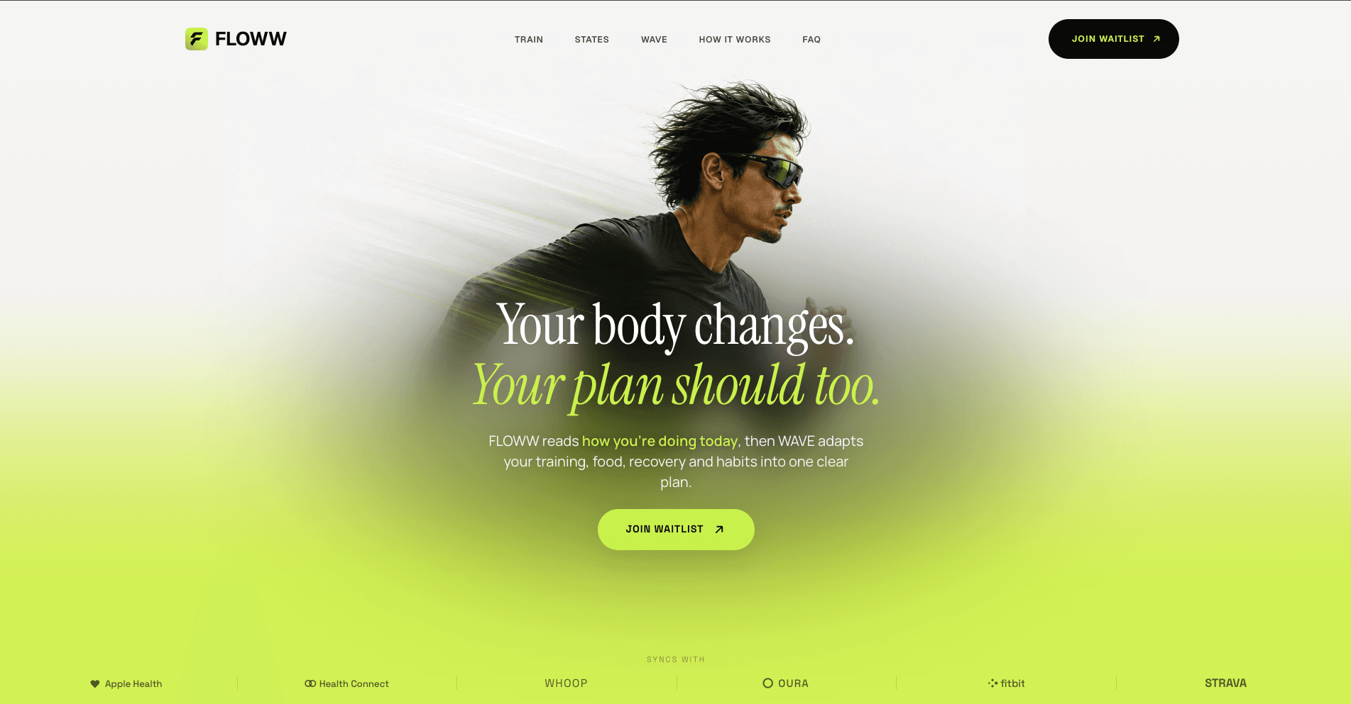 Floww landing page hero: your body changes, your plan should too