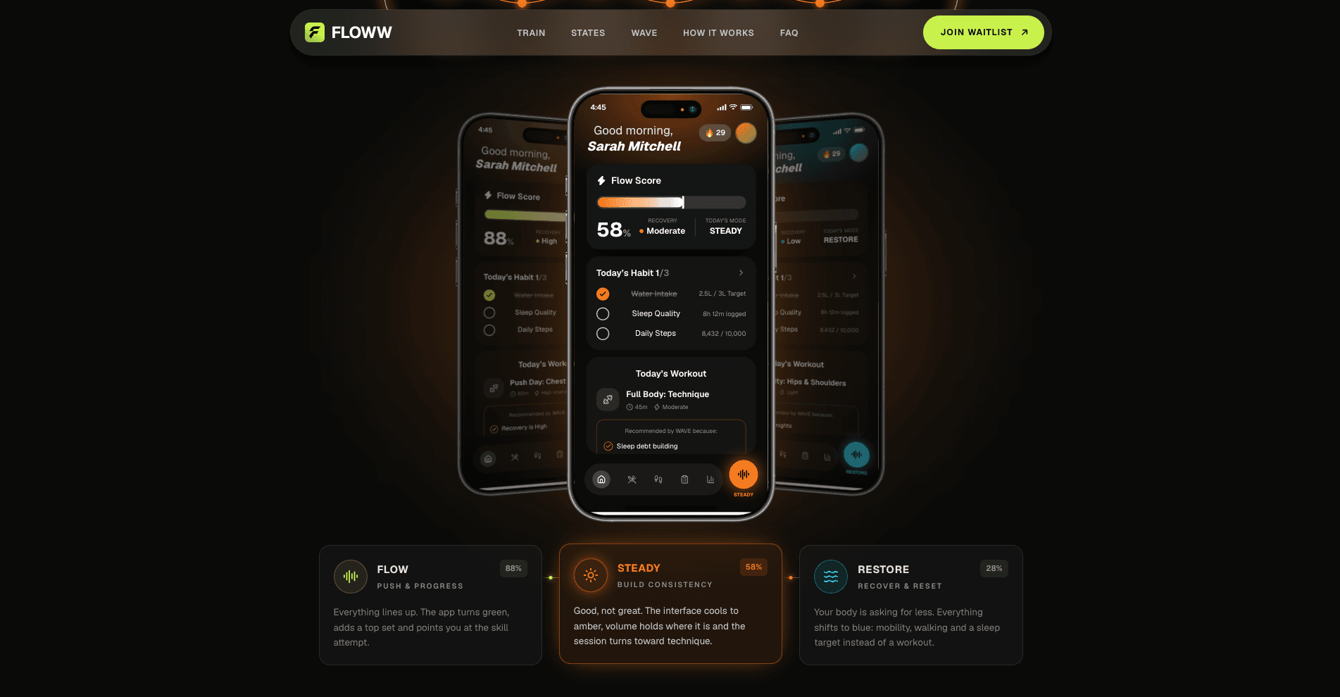 The three states (flow, steady and restore) re-theming the app