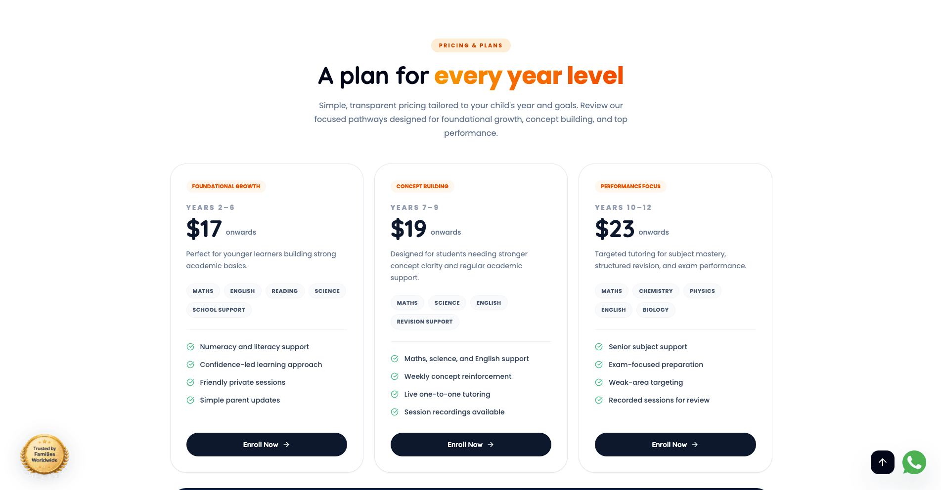 Pricing plans by year level