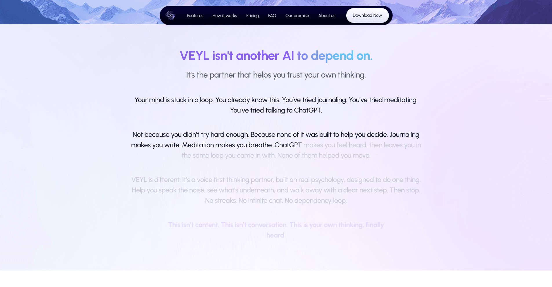 VEYL isn't another AI to depend on: the positioning section