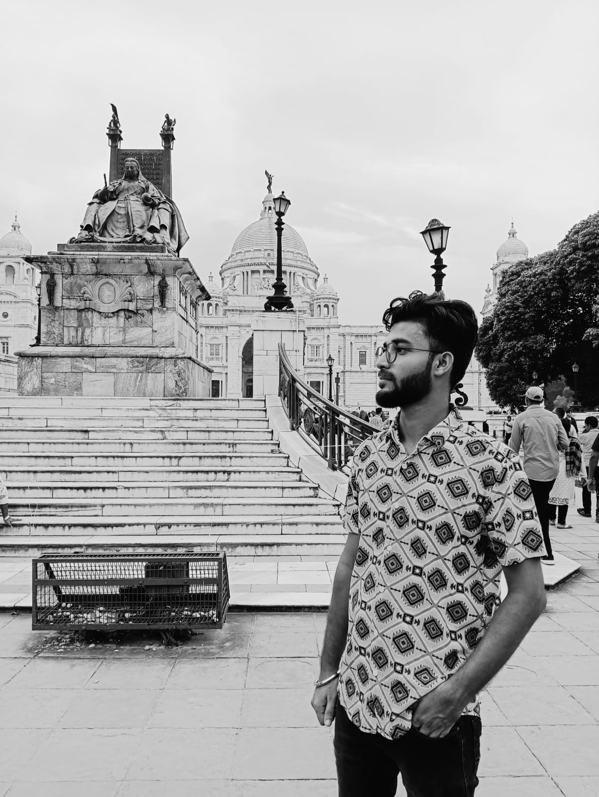 Shobhit in black and white outside the Victoria Memorial, Kolkata